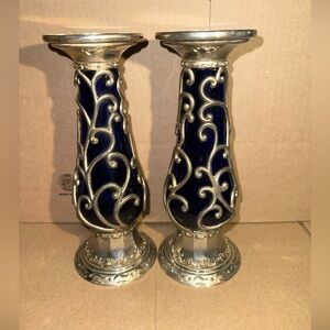 Vintage Cobalt blue glass and silver candle holders set